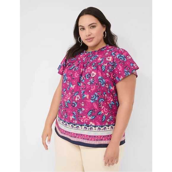 Lane Bryant Tops - Lane Bryant NWT Sz 18 Burgundy Floral & Bird Print Short Sleeve Blouse Cotton